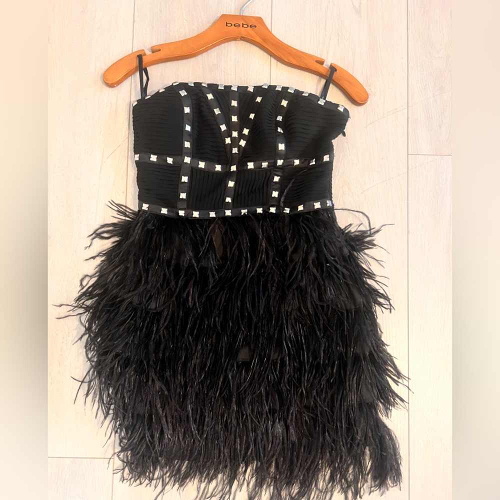 Black feathered strapless cocktail dress with studs